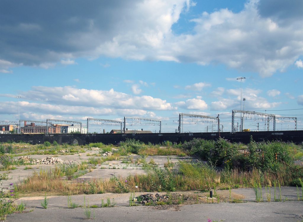 A Large Unused Urban Brownfield Site With Open Land Covered In C