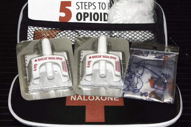Tillsonburg, ON / Canada - July 1 2019 New Naloxone nasal delivery method of Narcan distributed by healthcare professionals to help combat opioid crisis and reverse the effects of opioid overdose.