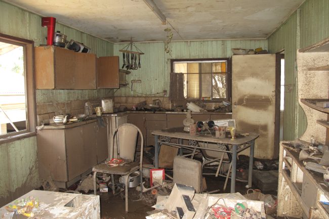 A flood damaged kitchen in Queensland, Australia